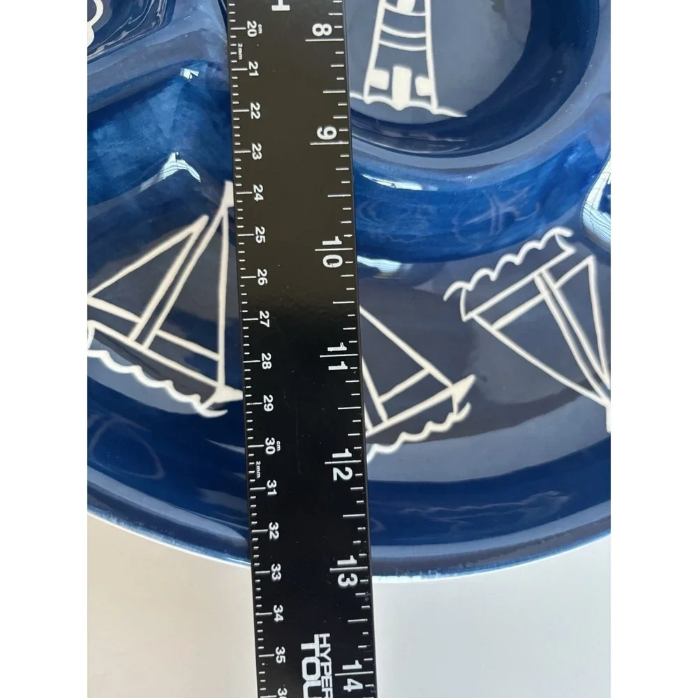 Eddie Bauer Home Platter LG Chip Dip Blue White Sailboat Lighthouse Beach House - Picture 6 of 7
